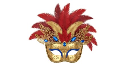 Luxurious gold masquerade mask with vibrant red and gold feathers for high end events