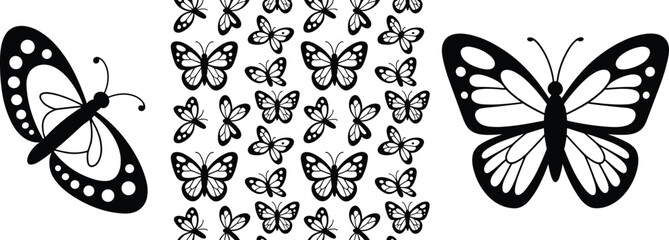 Black white butterfly silhouette vector set, decorative insect illustration, nature pattern, monochrome butterflies design elements for logo, print, wallpaper, branding © meftahul creatives