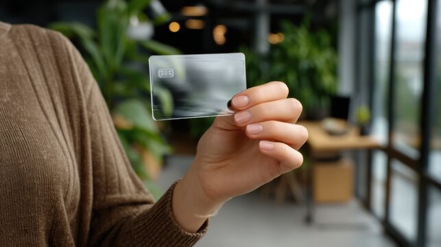 A hand holding up an acrylic business card in front of the camera, set against the backdrop of a modern office space with natural light and green plants. 