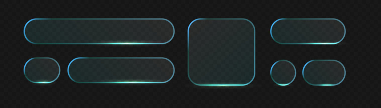 Set Transparent glass button with glossy frame and liquid effect. Modern UI element featuring realistic light reflections, perfect for digital interfaces and futuristic app designs.