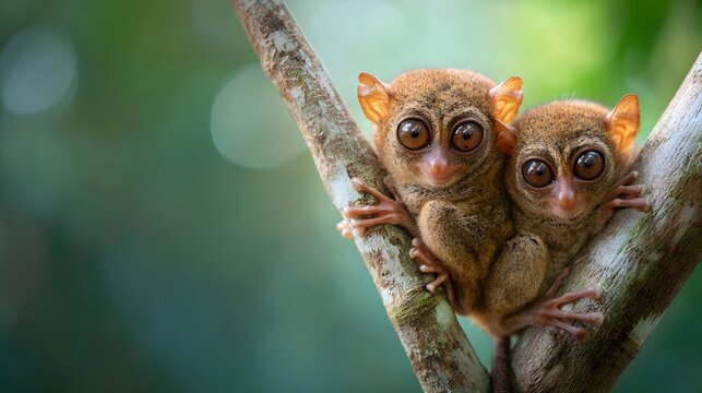 Two adorable tarsiers with huge eyes perched on a tree branch in a lush green forest.