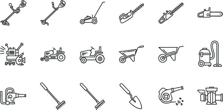 Garden tools and landscaping equipment outline icon set lawn care vector collection isolated on white background