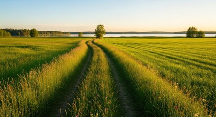 A dirt road cutting through a lush green field with a lake in the background.