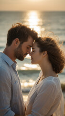 Obraz premium Romantic couple touching foreheads at sunset by the sea, tender love moment with golden light and peaceful ocean background.