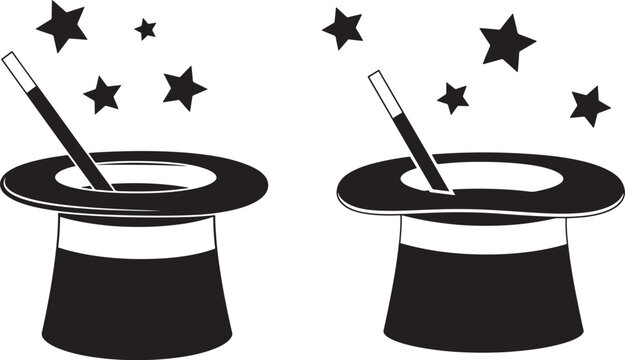 Silhouette of magic hats with magic wands and stars
