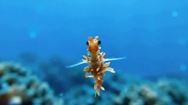 Ornate ghost pipefish solenostomus paradoxus swimming gracefully in tropical blue ocean waters and coral reefs ecosystems with exotic biodiversity,captivating marine life