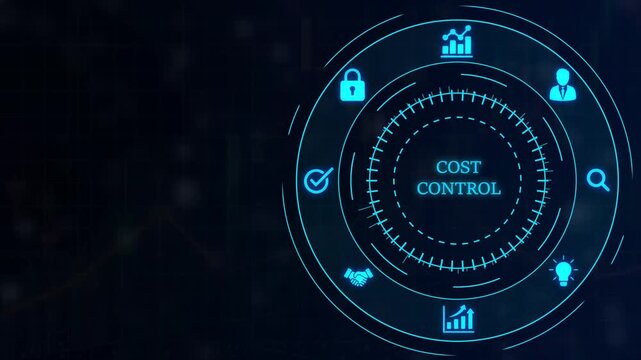 Futuristic digital interface displaying cost control with for analytics security people and lightbulb on a dark background with grid