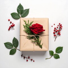 Gift wrapped in brown paper, adorned with a red rose and greenery, on a white background with scattered leaves & berries