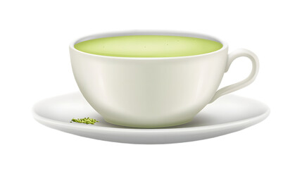 Matcha latte cup white saucer steaming green tea
