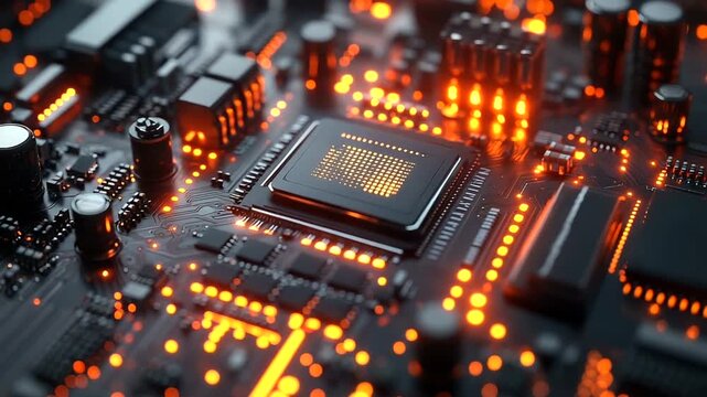 Close-up of a circuit board with glowing components and details
