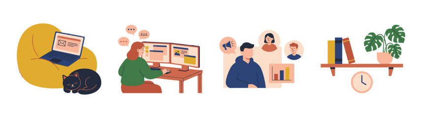 Flat Vector Remote Working and Productivity Graphic Set for Freelance Career and Home Office Management