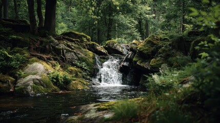 Water flows over rocks and joins the stream in a wooded area in the afternoon light