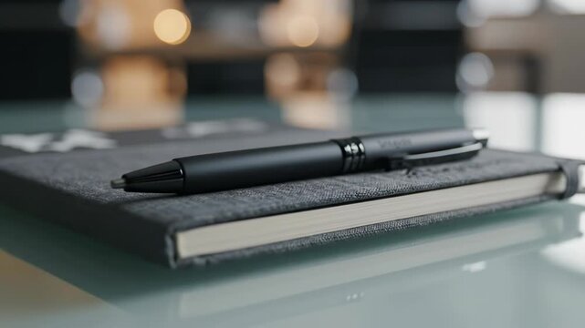A sleek black pen rests on a textured gray notebook on a reflective surface