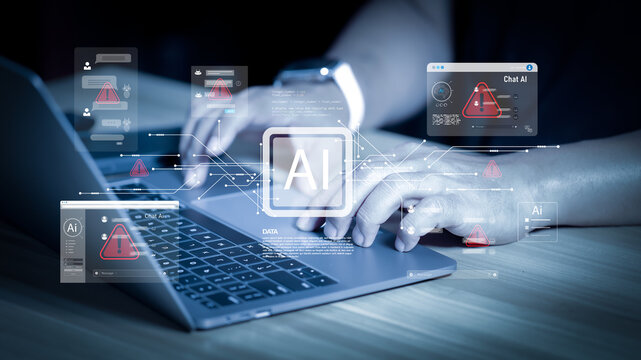Business person using laptop with AI error warning signs on virtual screen. Concept of artificial intelligence risk, cyber security threats, system failure, and digital technology ethics.