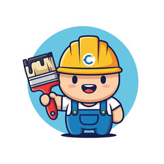 Fototapeta premium Cute Cartoon Painter Character Holding Paintbrush Wearing Hard Hat and Overalls