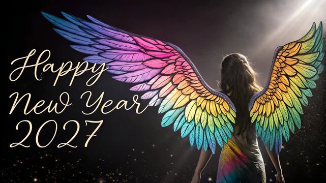 Angel with Rainbow Wings and Happy New Year 2027 Message, Cinematic Motion Stock Footage