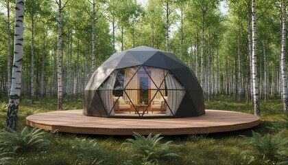 Modern geodesic glamping dome cabin in birch forest with panoramic glass windows on wooden platform