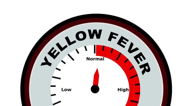 Yellow fever text with a barometer or tachometer-style gauge, illustrating varying levels of disease severity, from mild symptoms to severe complications