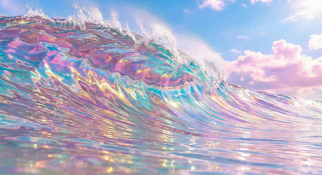 Abstract iridescent ocean wave crashing with splashing colorful water