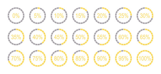Percentage round diagrams for infographics from 0 to 100 percent icons. Yellow, grey colour fill divided pie charts indicator layouts. Infographic elements. Circle graph loading progress samples.