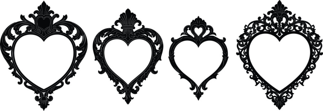Set of ornate heart shaped baroque frames, black vintage filigree borders for wedding and luxury design