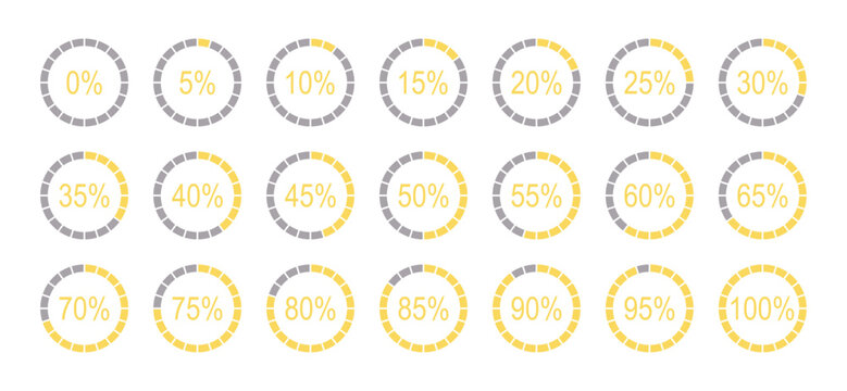 Percentage round diagrams  for infographics from 0 to 100 percent icons. Yellow, grey colour fill divided pie charts indicator layouts. Infographic elements. Circle graph loading progress samples.