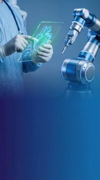 Surgeon in blue scrubs holding a transparent tablet with a holographic heart model. Robotic surgery and cardiology concept with vertical copy space.