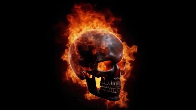 Flaming Skull with Fire on Dark Background