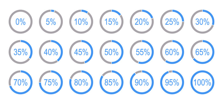 Round diagrams for infographics from 0 to 100 percent icon layouts. Percentage infographics template set. Blue, grey color fill pizza, pie charts indicator flat elements. Circle graph loading progress