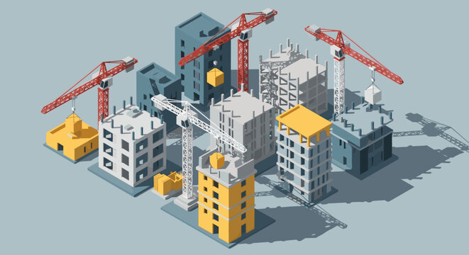 Isometric City Buildings Under Construction Cranes.