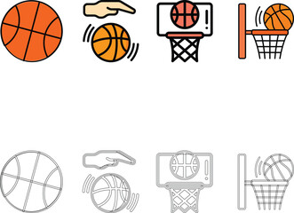 Comprehensive Basketball Icon Set Featuring Team Players, Slam Dunk, Dribbling, Flaming Ball, Strategy Board and Equipment in Flat and Line Art Style © Md