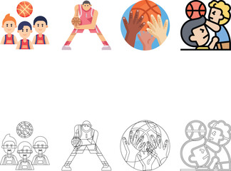 Basketball Icons Set Featuring Team Players, Slam Dunk, Dribbling Action, Flaming Ball and Backboard Net in Flat and Outline Style © Md