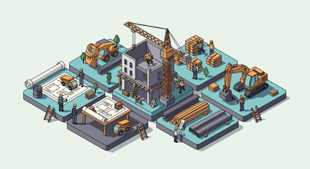 Isometric Factory Model with Machinery and Buildings.