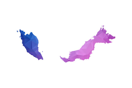 Malaysia Map - Polygon Style Vector Illustration in Blue and Purple Gradient, Low Poly Geometric Design, Isolated on White Background, Ideal for Infographics and Learning Materials.