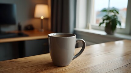 Fototapeta premium A warm mug of coffee rests on a wooden desk in a softly lit home office