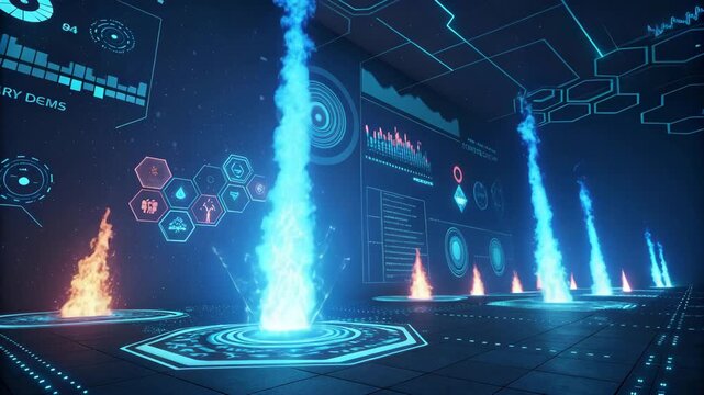 Futuristic Sci-Fi Hallway with Glowing Blue Energy Beams and Data Displays, Stock Media