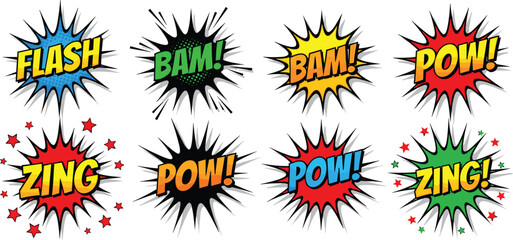 Collection of comic book sound effects bubbles with text like bam pow and zing isolated on white background for pop art design. © MdGohurul