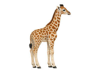 Obraz premium Young giraffe calf standing, african wildlife baby with brown spots, transparent background, cutout, safari animal