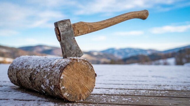 Axe stuck in a log on snowcovered wooden deck
