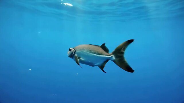 Underwater view of a silver pompano fish swimming gracefully in crystal blue ocean waters showing its sleek form and natural habitat with sunlight