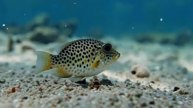 Underwater view of spotted trunkfish swimming slowly close to the sandy ocean bottom in slow motion