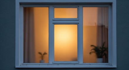 Obraz premium A window with a view of a room with a plant and a curtain.