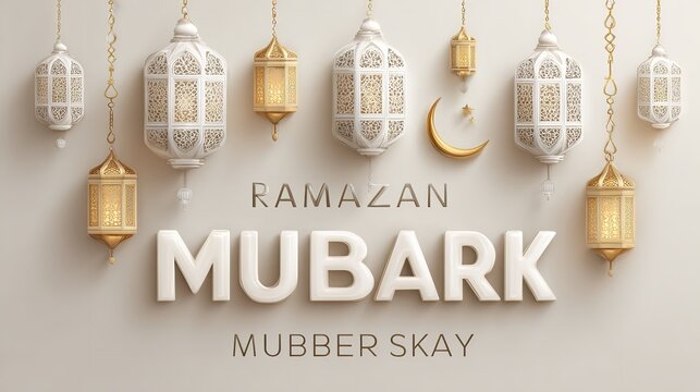 A festive Ramadan Mubarak greeting card with hanging lanterns and a crescent moon