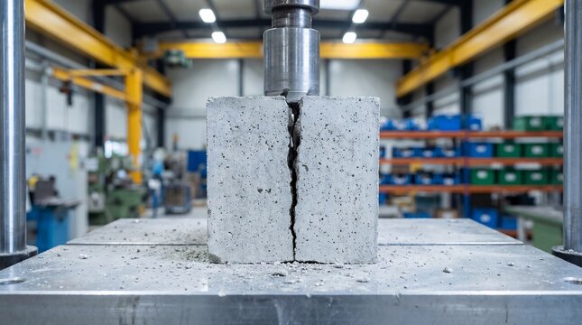 Concrete block being tested for strength and durability in industrial laboratory setting