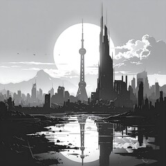 Grayscale cityscape with mirrored structures, water foreground, set against a bright sky, evokes serenity and grandeur