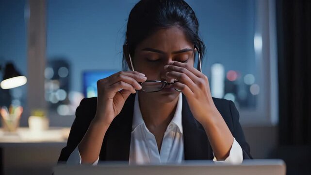 Tired businesswoman working late at night in office. Stressed female professional opening laptop and rubbing eyes due to fatigue. Corporate burnout concept