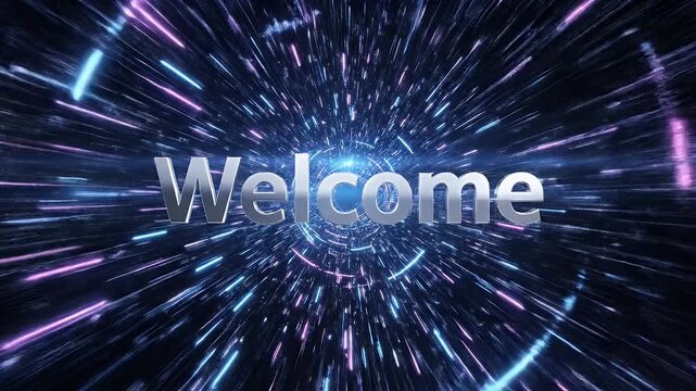 Welcome Text on Hyperspace Background - This video shows the word "Welcome" in large, reflective silver letters against a hyperspace or lightspeed style background.