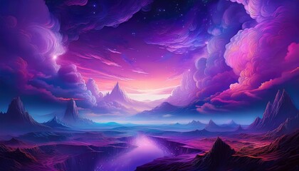 a mystical otherworldly landscape vast purple and violet clouds fill the sky interspersed with vibrant glowing light