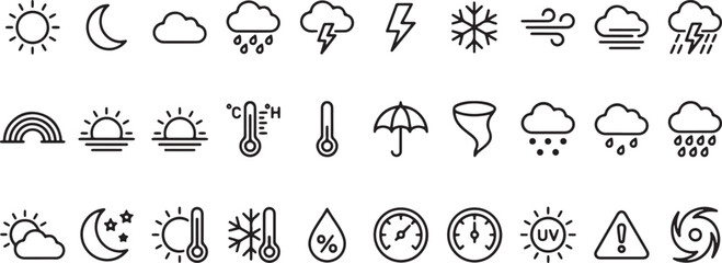 Naklejka premium Minimal Weather Line Icon Set with Sun Moon Cloud Rain Snow Wind Thunder Temperature UV Storm Symbols, Modern Outline Style for App UI, Forecast Dashboard, Climate Infographic and Web Design