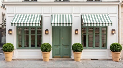 Elegant building facade with green striped awnings and large potted plants lining the sidewalk